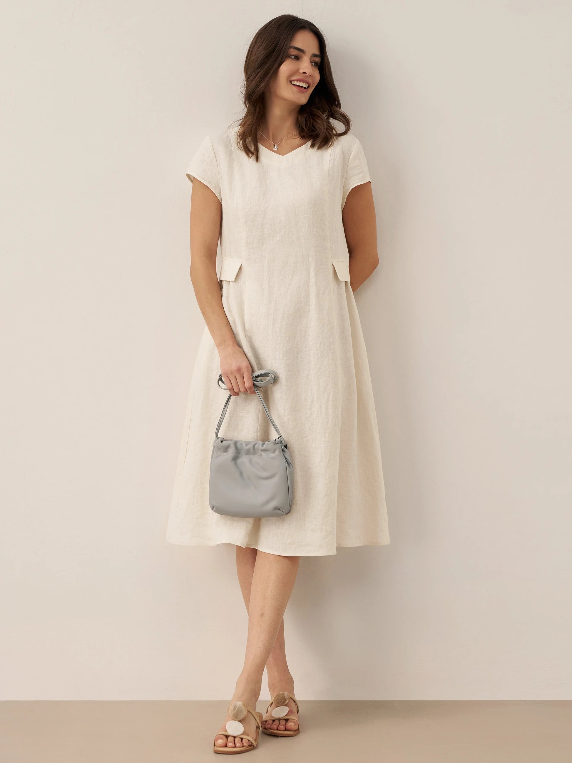 Vestido midi de lino con cuello en V y manga corta para mujer-Midi Dress-Casaluzia
