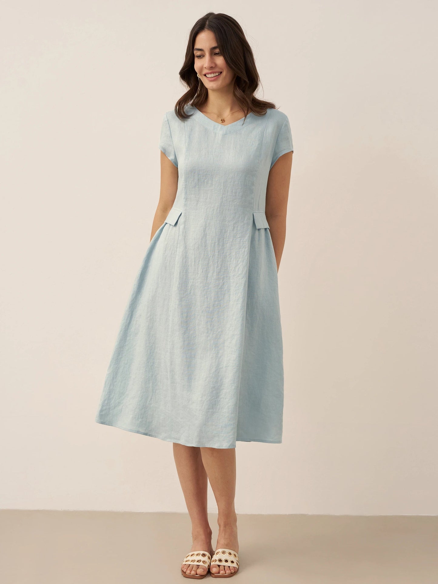 Vestido midi de lino con cuello en V y manga corta para mujer-Midi Dress-Casaluzia