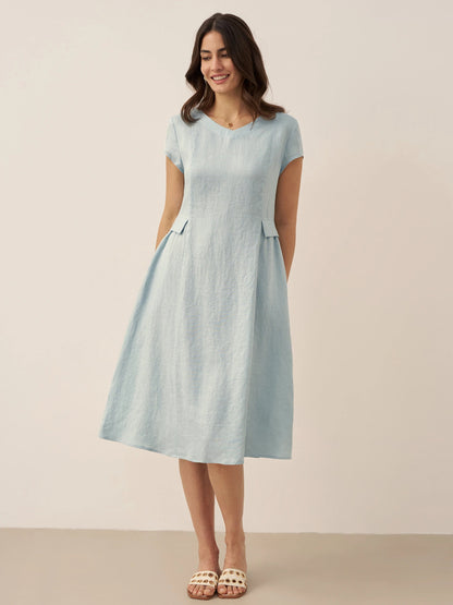 Vestido midi de lino con cuello en V y manga corta para mujer-Midi Dress-Casaluzia