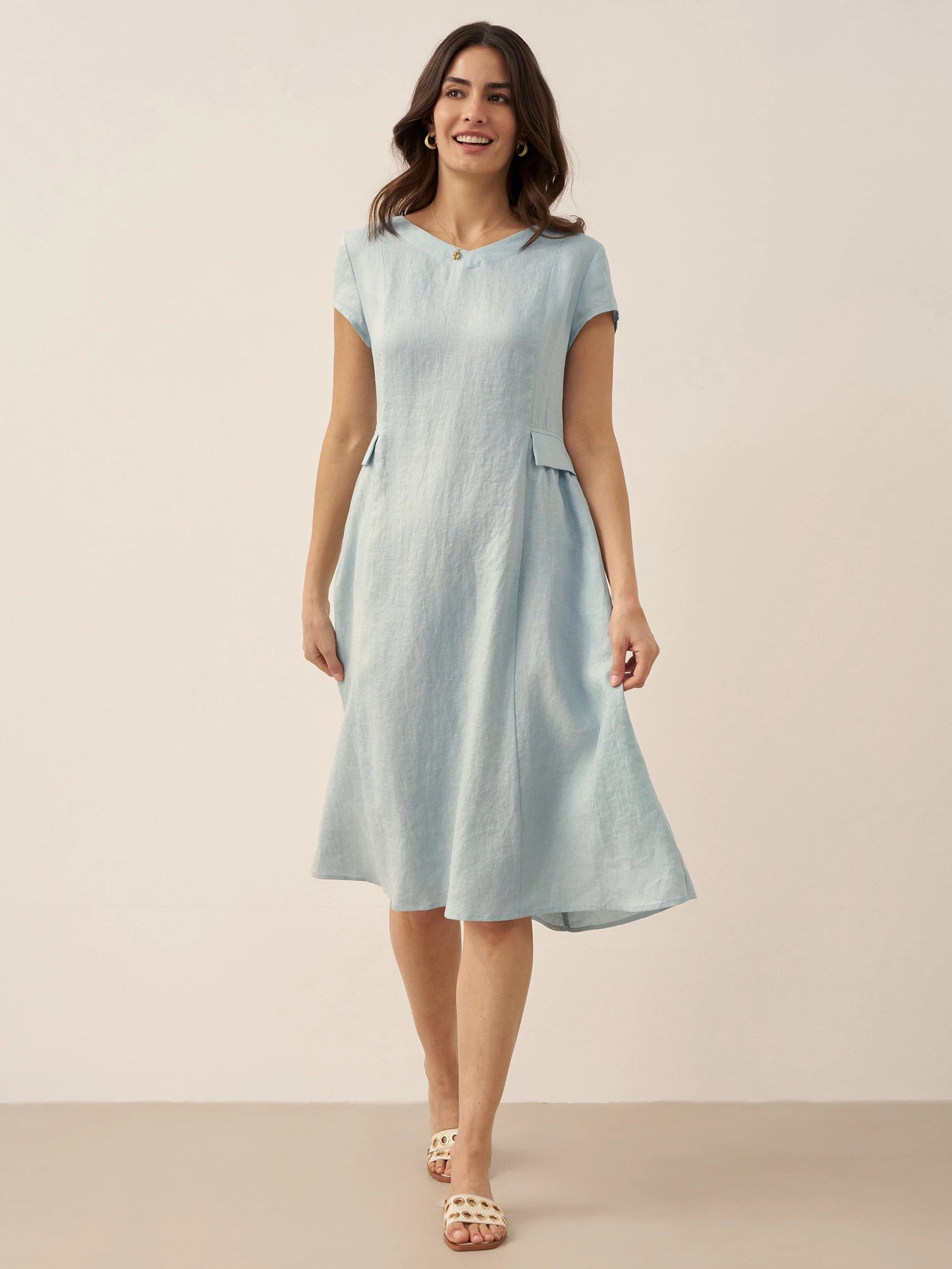 Vestido midi de lino con cuello en V y manga corta para mujer-Midi Dress-Casaluzia