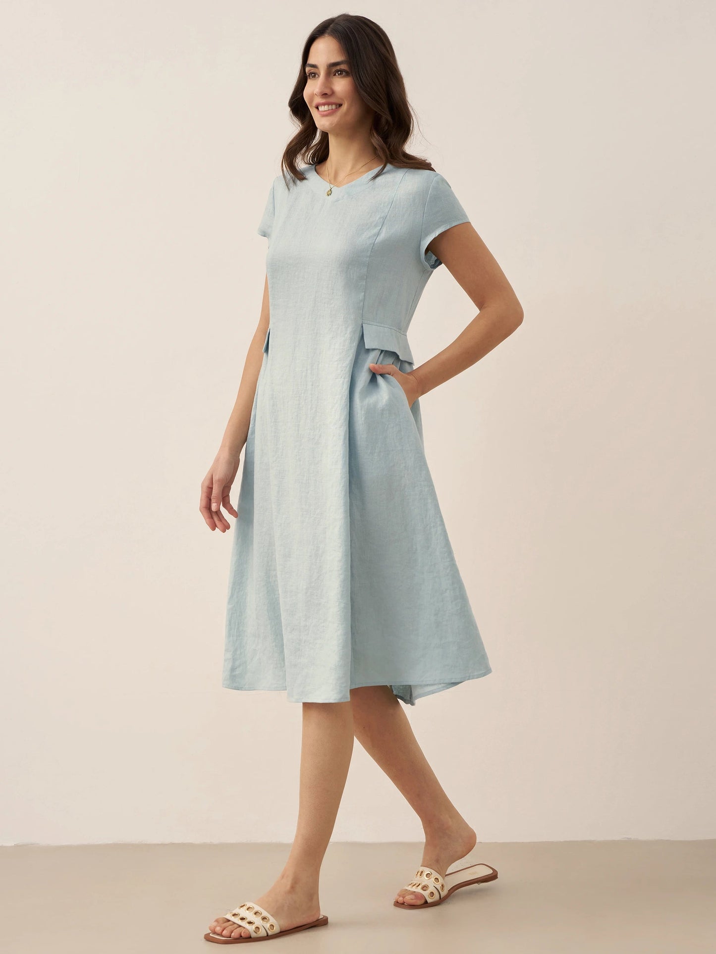 Vestido midi de lino con cuello en V y manga corta para mujer-Midi Dress-Casaluzia