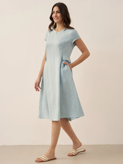 Vestido midi de lino con cuello en V y manga corta para mujer-Midi Dress-Casaluzia