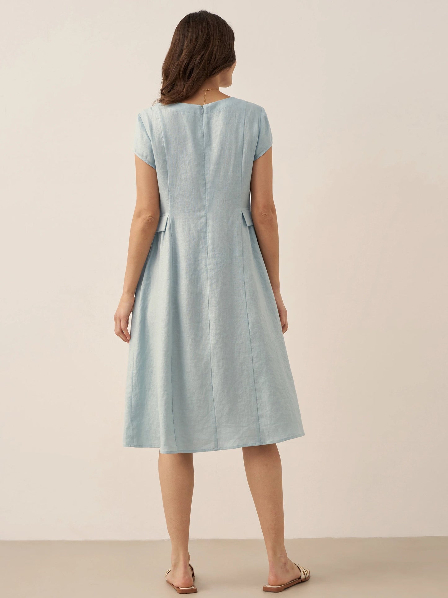 Vestido midi de lino con cuello en V y manga corta para mujer-Midi Dress-Casaluzia