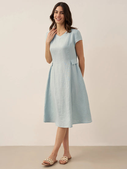 Vestido midi de lino con cuello en V y manga corta para mujer-Midi Dress-Casaluzia