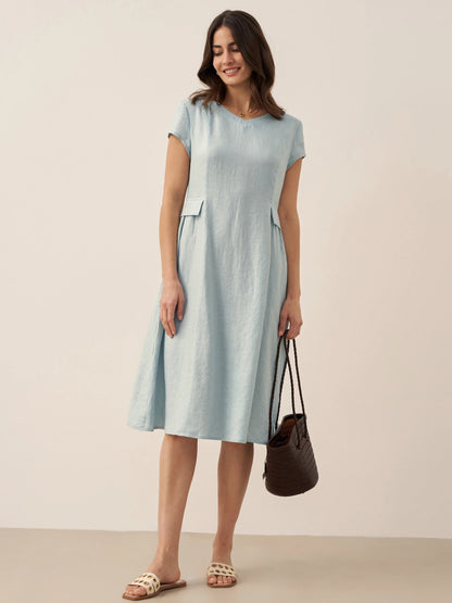 Vestido midi de lino con cuello en V y manga corta para mujer-Midi Dress-Casaluzia