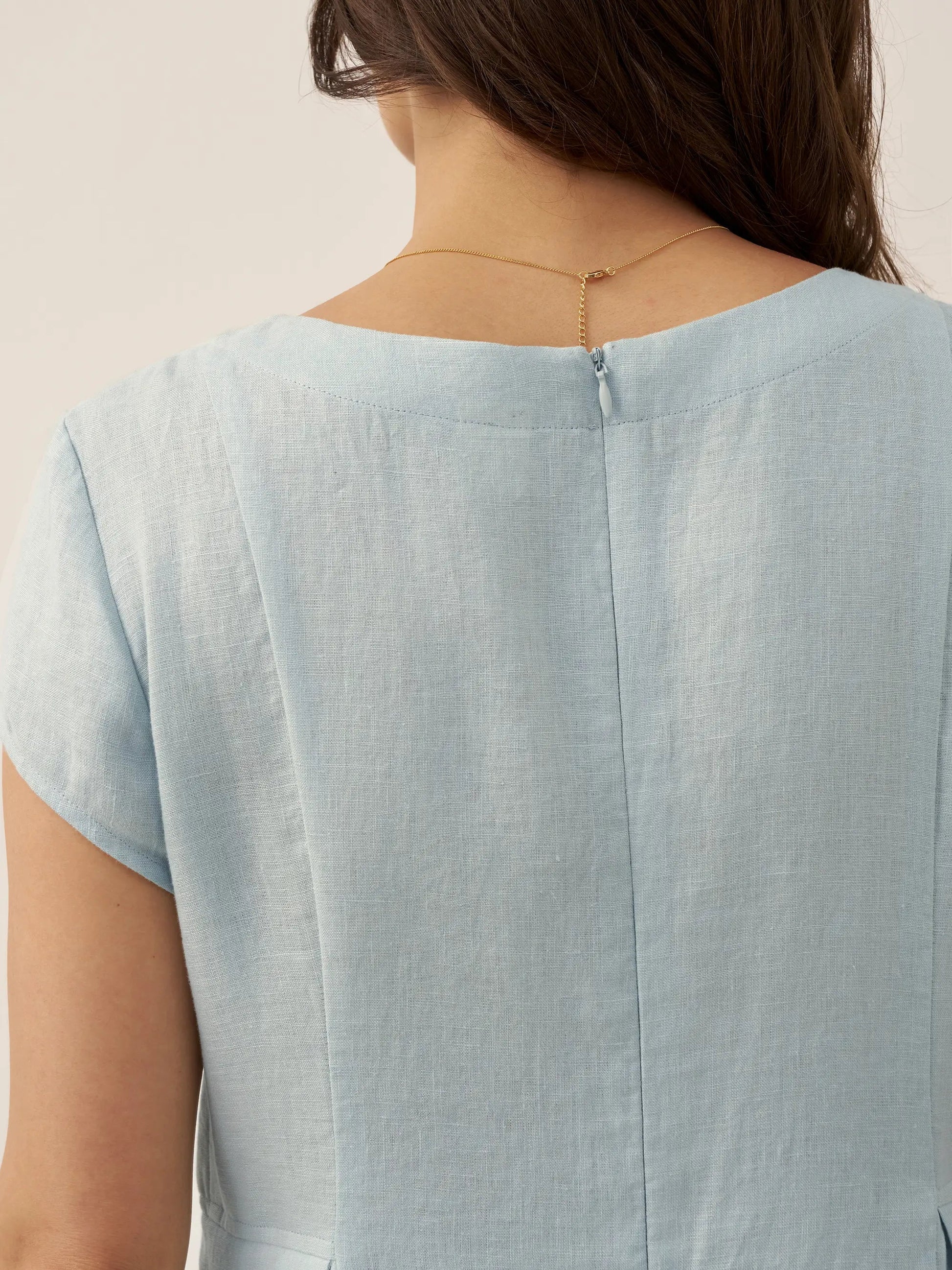 Vestido midi de lino con cuello en V y manga corta para mujer-Midi Dress-Casaluzia