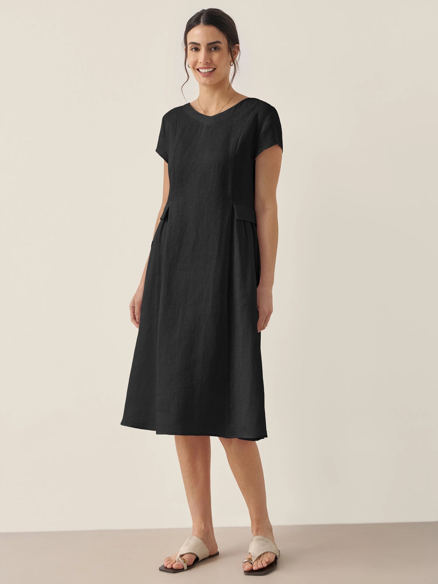 Vestido midi de lino con cuello en V y manga corta para mujer-Midi Dress-Casaluzia