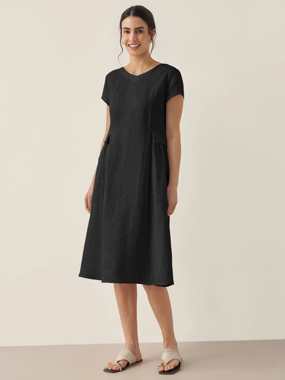 Vestido midi de lino con cuello en V y manga corta para mujer-Midi Dress-Casaluzia