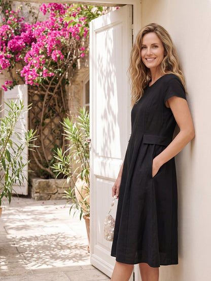 Vestido midi de lino con cuello en V y manga corta para mujer-Midi Dress-Casaluzia