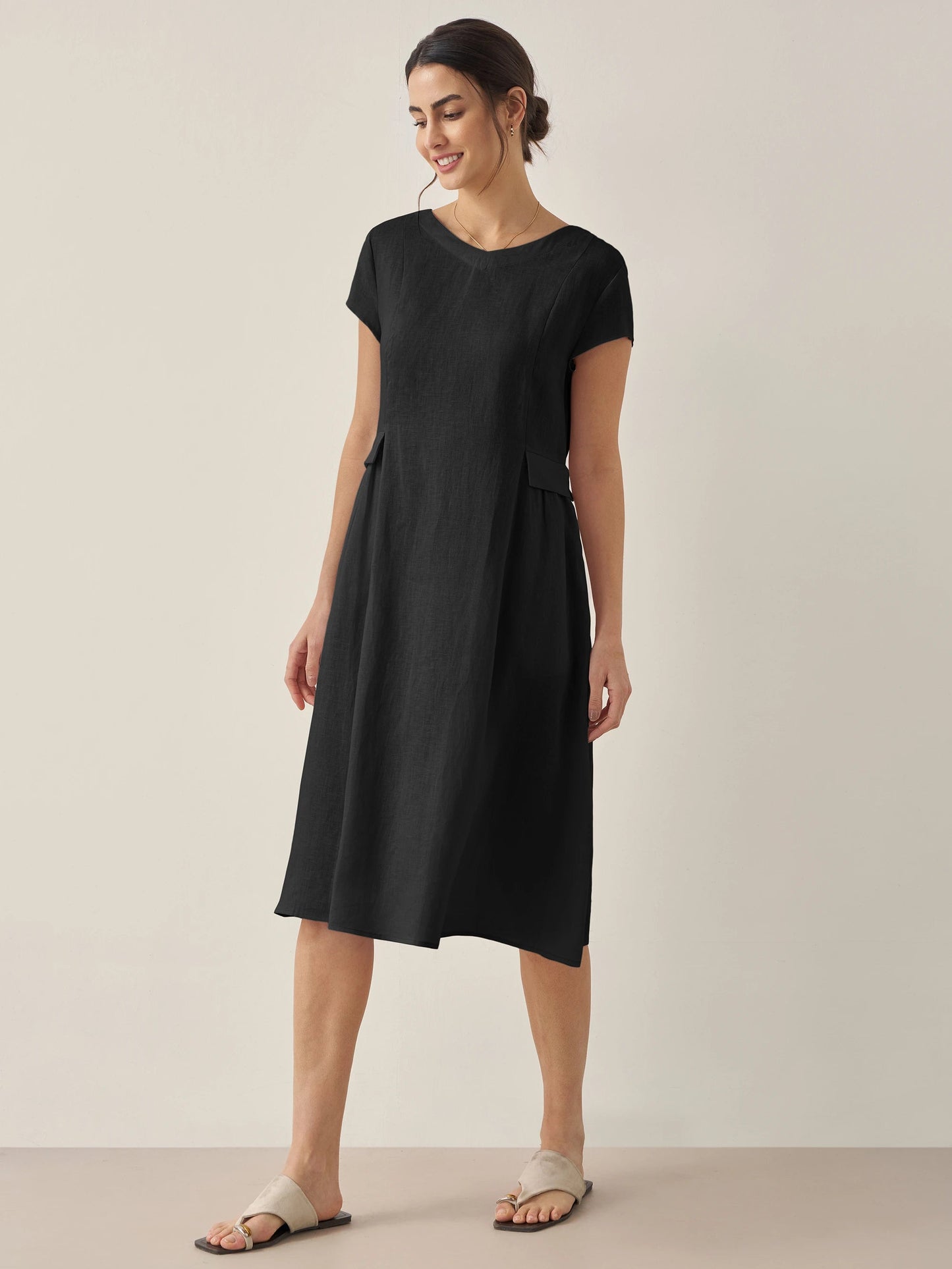 Vestido midi de lino con cuello en V y manga corta para mujer-Midi Dress-Casaluzia