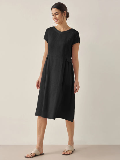 Vestido midi de lino con cuello en V y manga corta para mujer-Midi Dress-Casaluzia