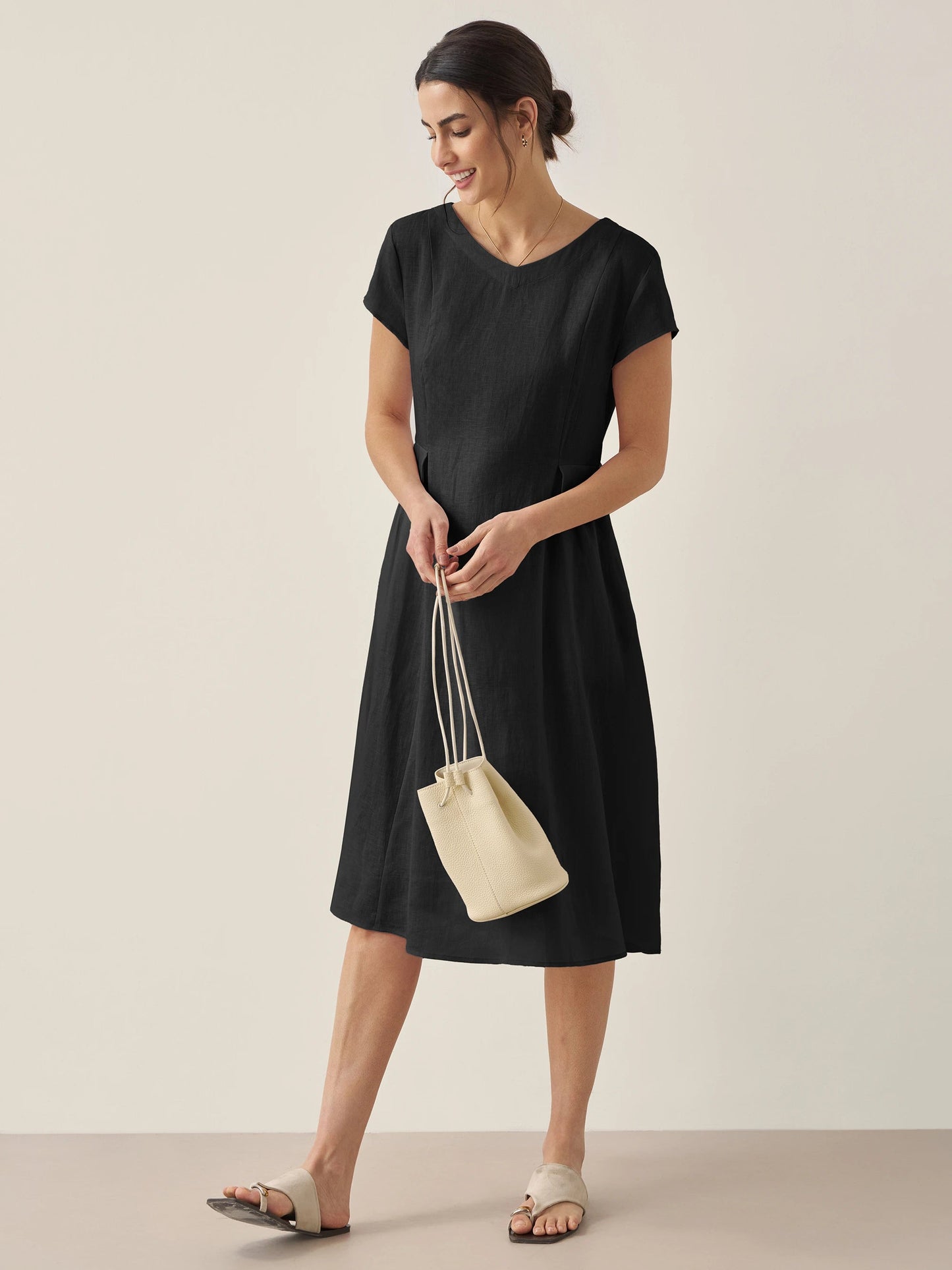 Vestido midi de lino con cuello en V y manga corta para mujer-Midi Dress-Casaluzia