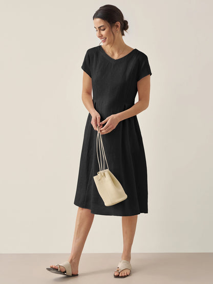 Vestido midi de lino con cuello en V y manga corta para mujer-Midi Dress-Casaluzia