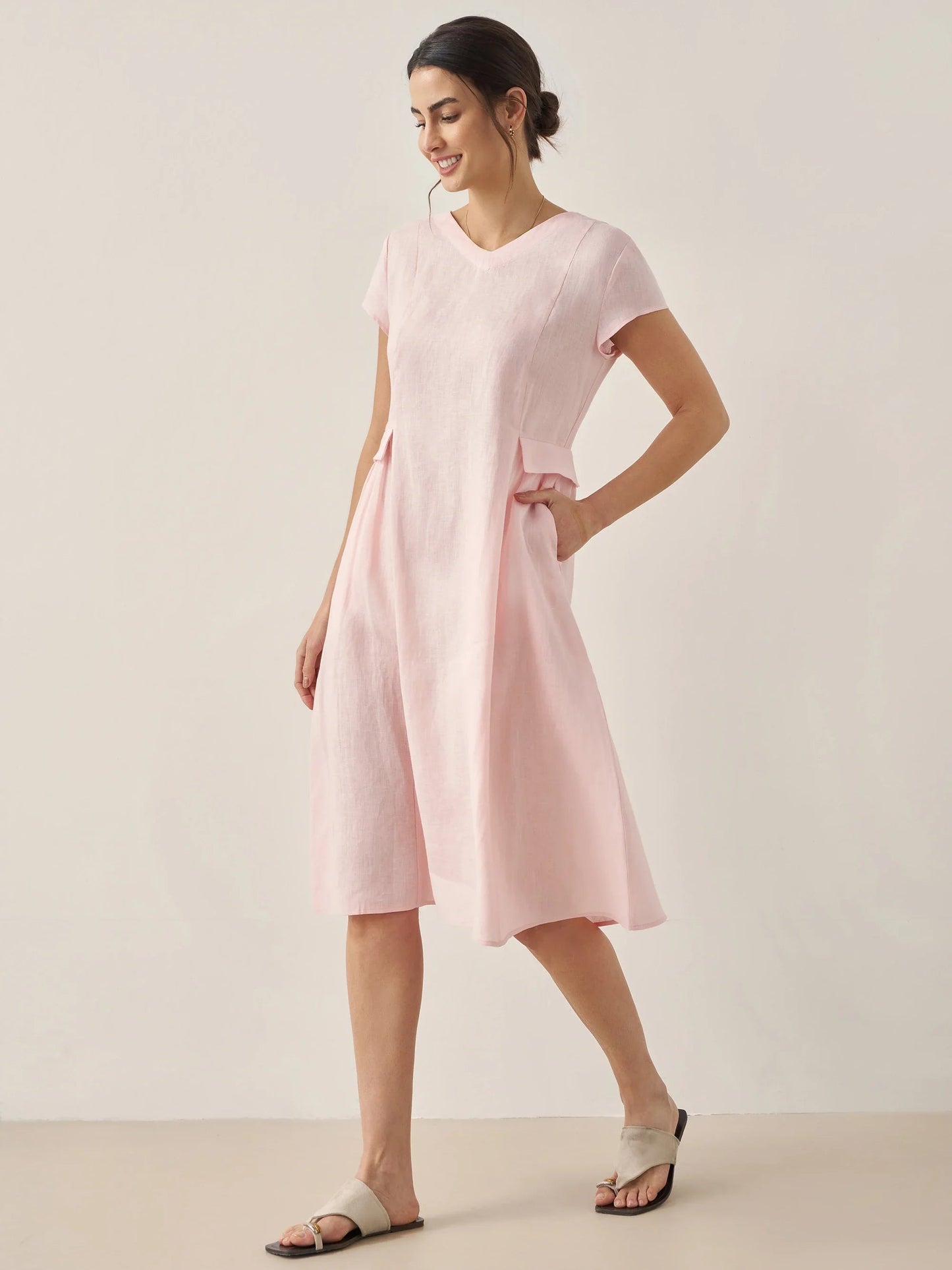 Vestido midi de lino con cuello en V y manga corta para mujer-Midi Dress-Casaluzia
