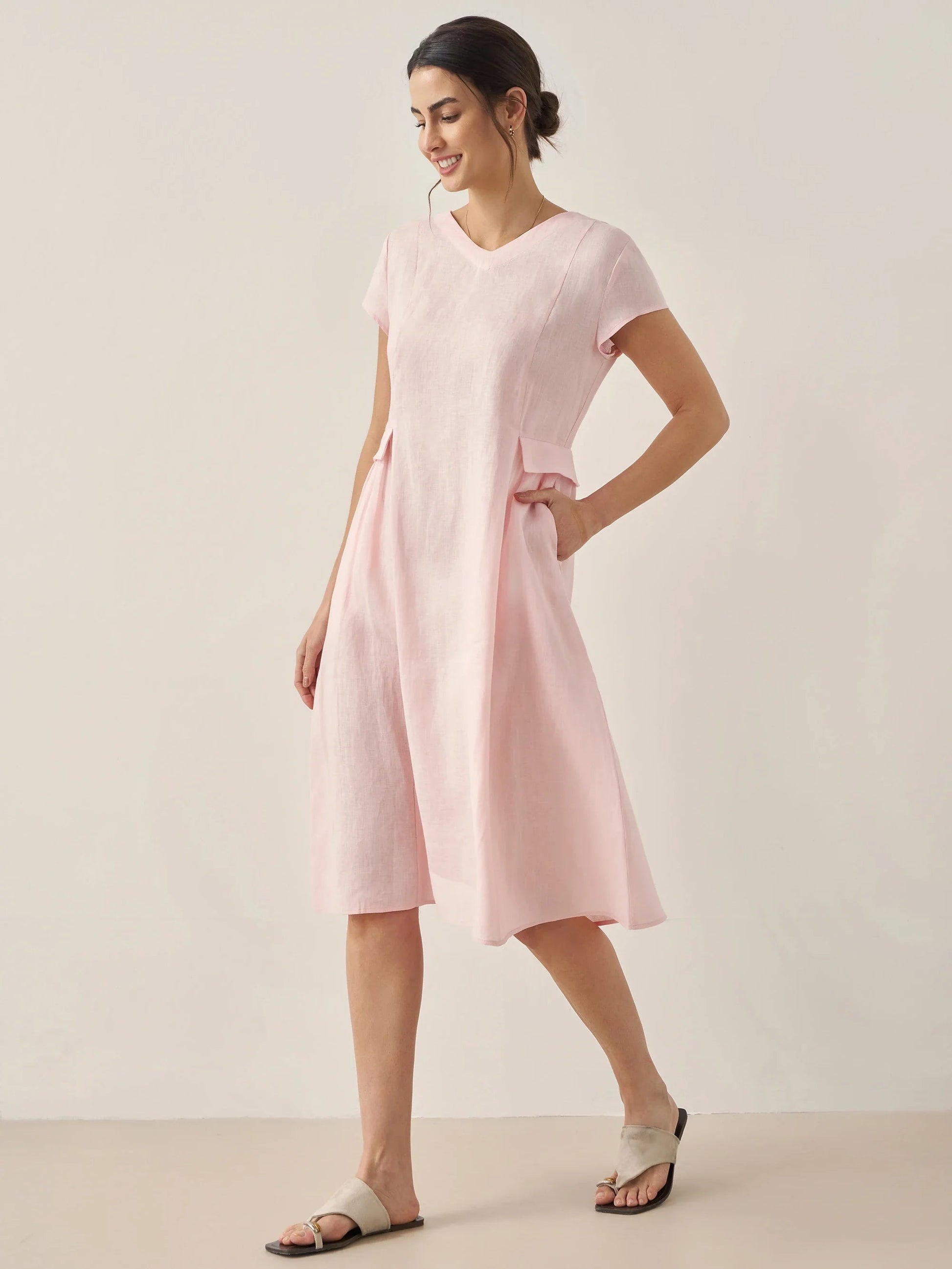 Vestido midi de lino con cuello en V y manga corta para mujer-Midi Dress-Casaluzia