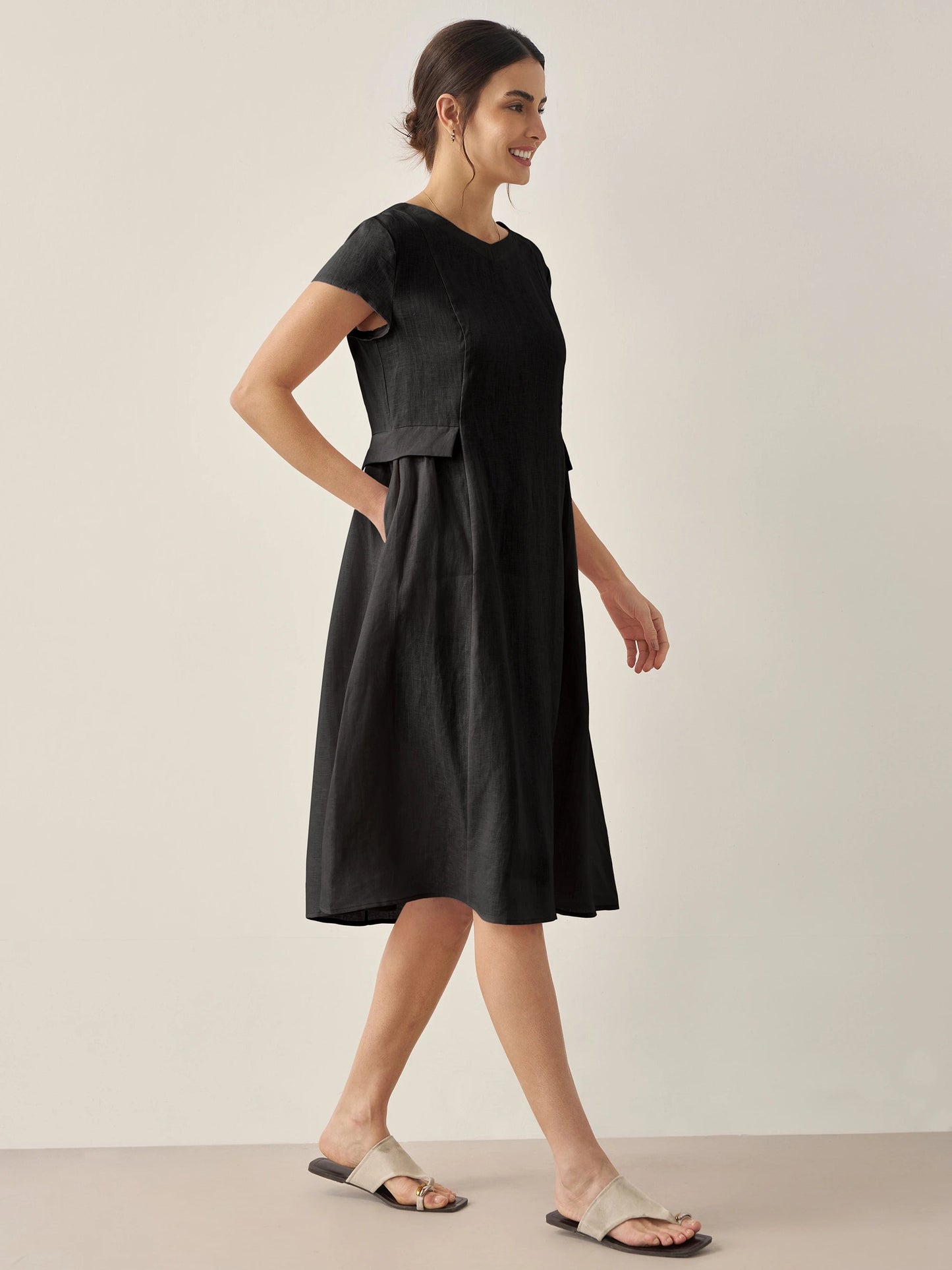 Vestido midi de lino con cuello en V y manga corta para mujer-Midi Dress-Casaluzia