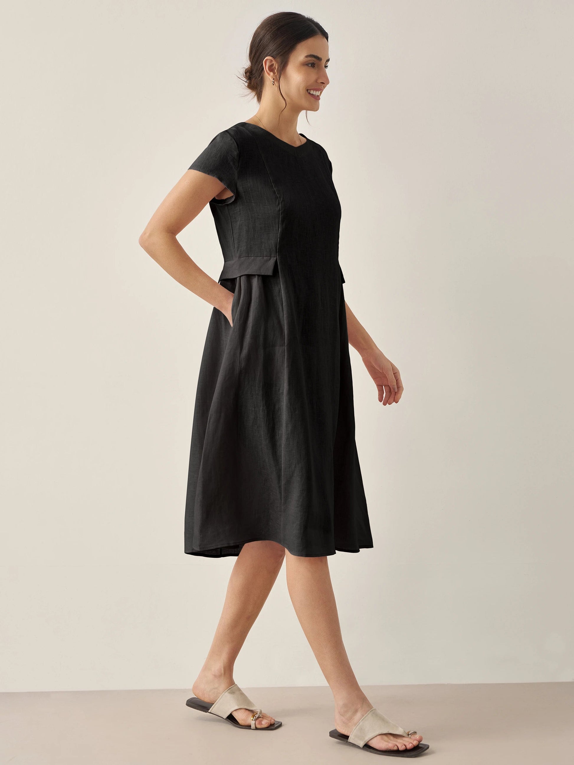 Vestido midi de lino con cuello en V y manga corta para mujer-Midi Dress-Casaluzia