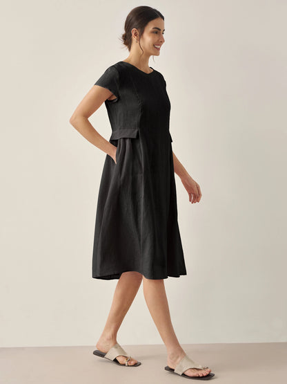 Vestido midi de lino con cuello en V y manga corta para mujer-Midi Dress-Casaluzia