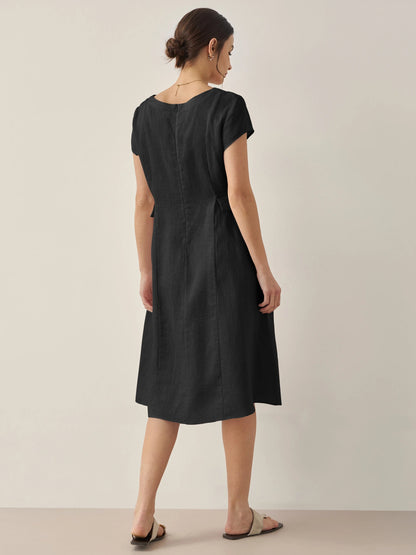 Vestido midi de lino con cuello en V y manga corta para mujer-Midi Dress-Casaluzia