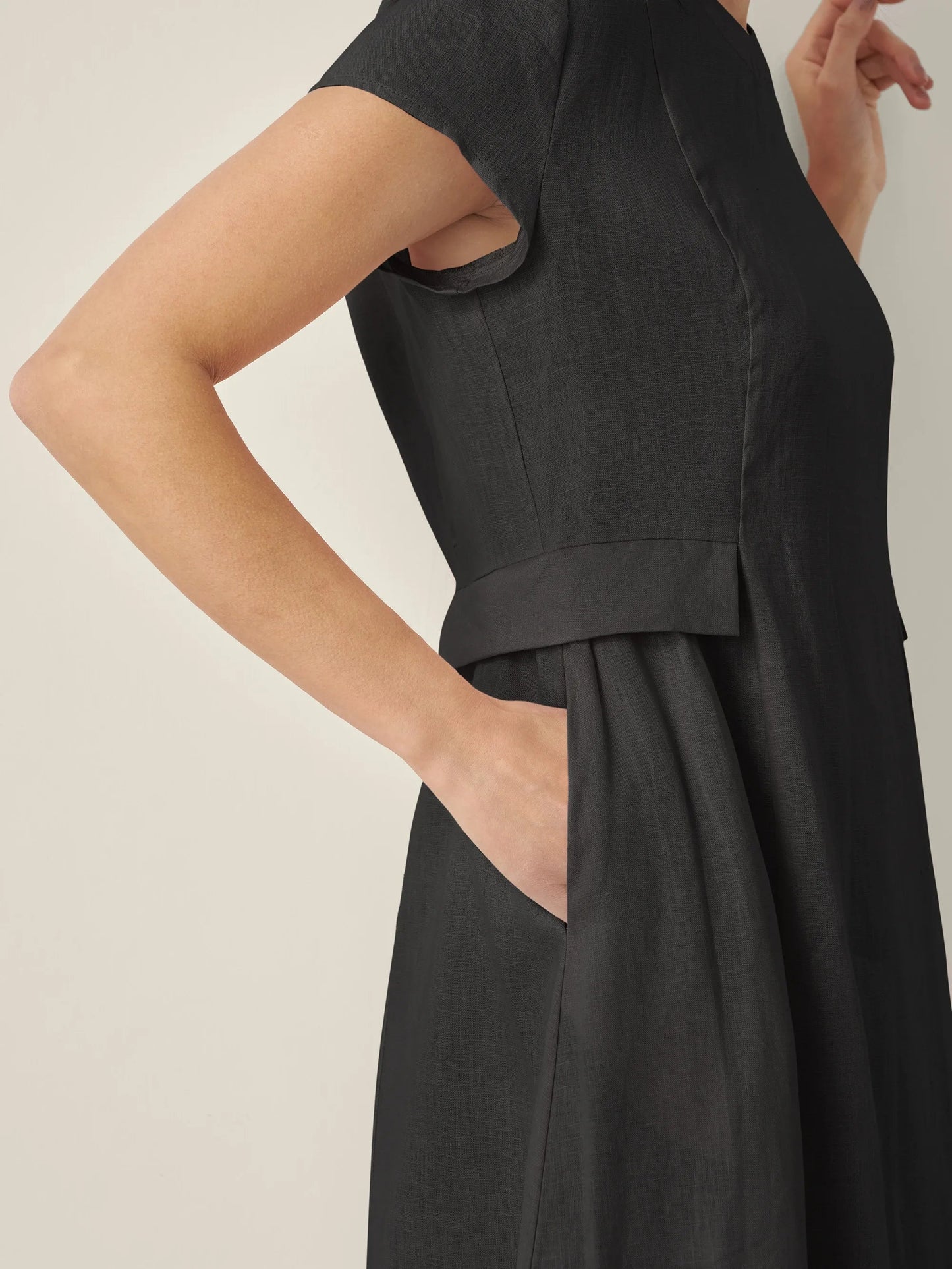 Vestido midi de lino con cuello en V y manga corta para mujer-Midi Dress-Casaluzia