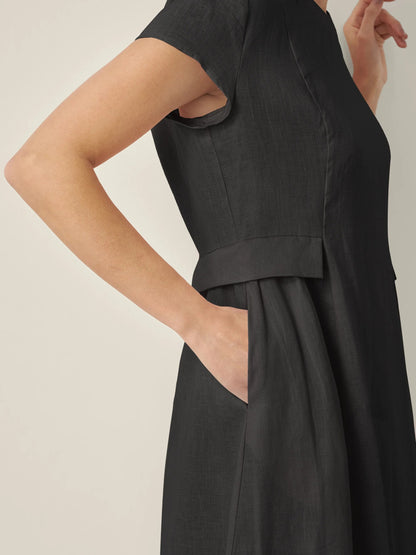 Vestido midi de lino con cuello en V y manga corta para mujer-Midi Dress-Casaluzia
