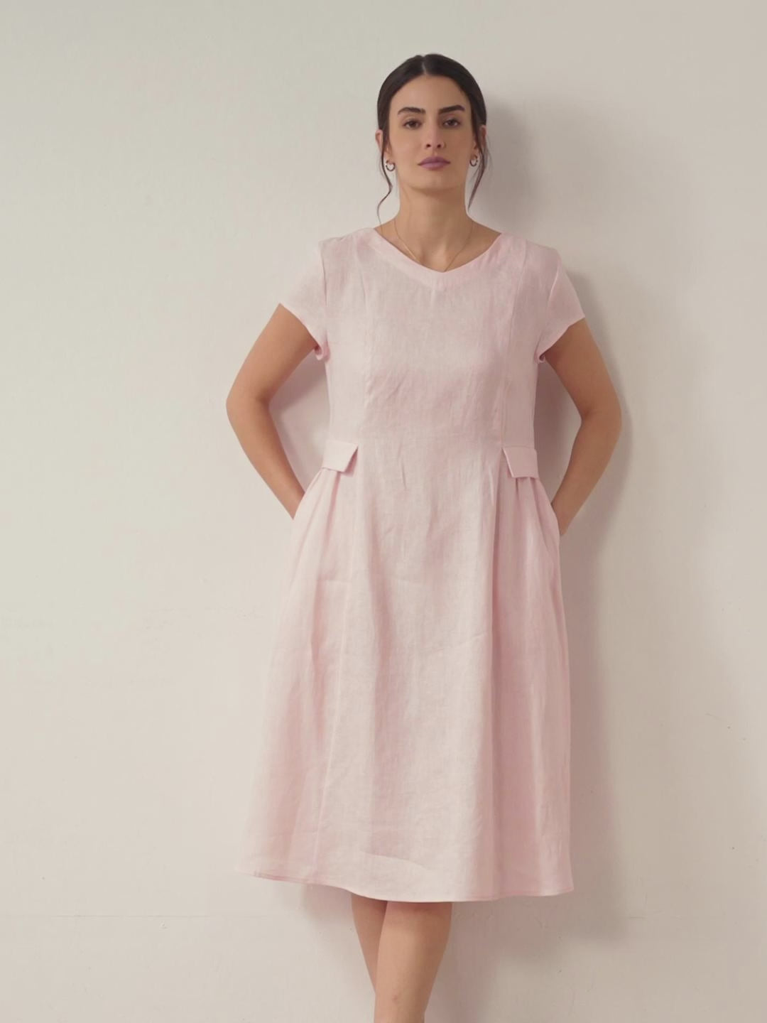Vestido midi de lino con cuello en V y manga corta para mujer-Midi Dress-Casaluzia