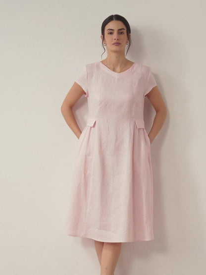 Vestido midi de lino con cuello en V y manga corta para mujer-Midi Dress-Casaluzia