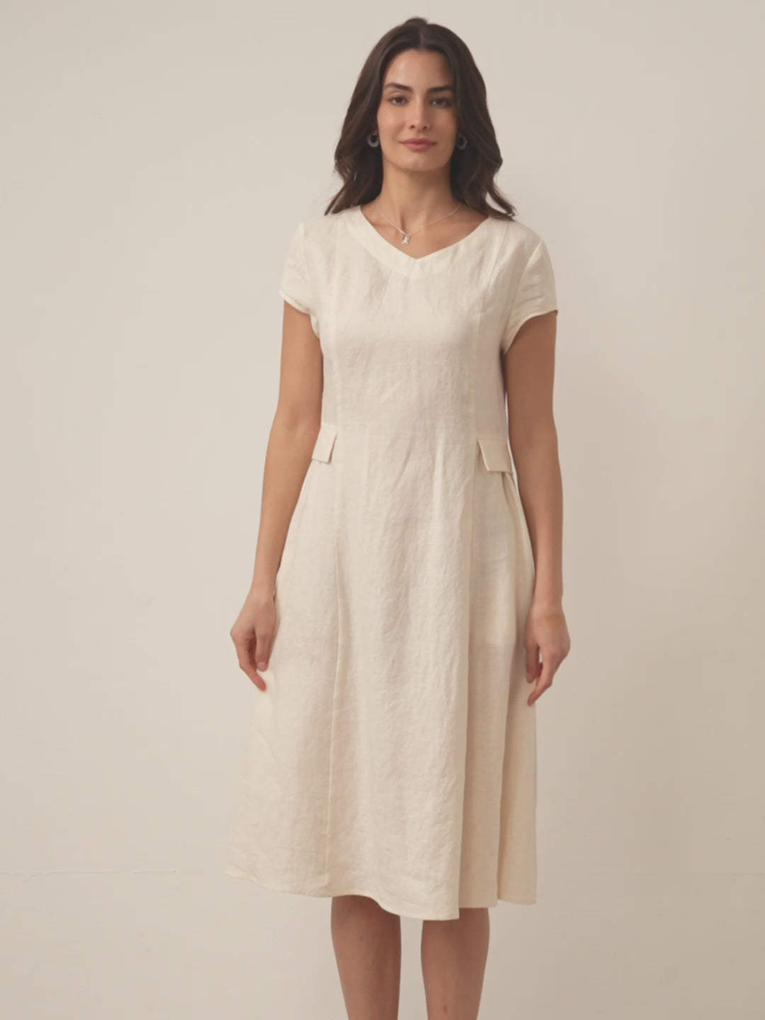Vestido midi de lino con cuello en V y manga corta para mujer-Midi Dress-Casaluzia