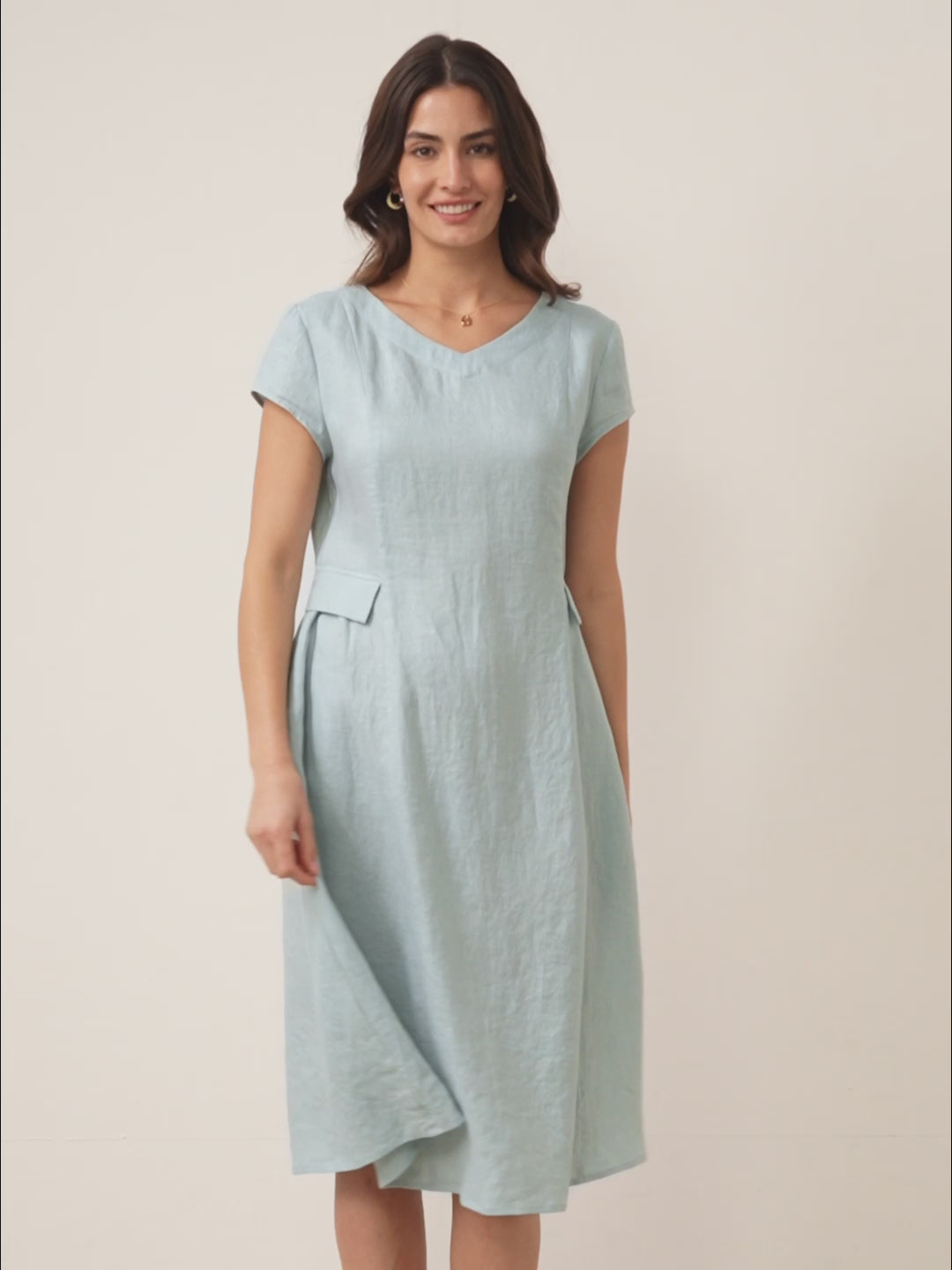 Vestido midi de lino con cuello en V y manga corta para mujer-Midi Dress-Casaluzia