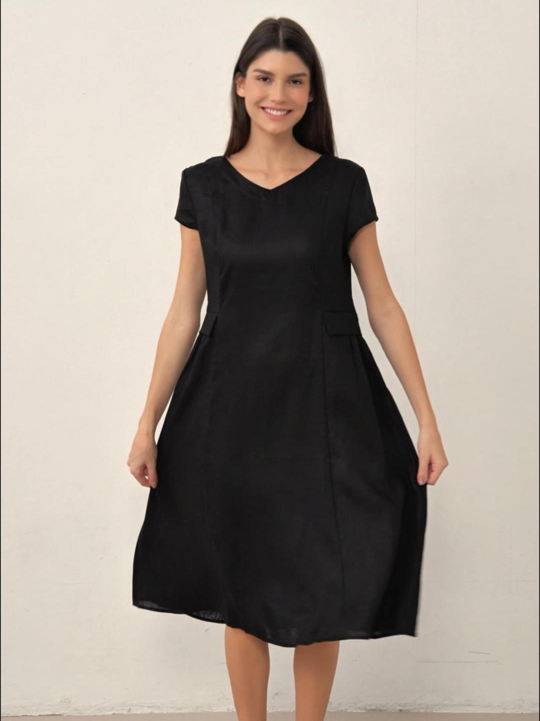 Vestido midi de lino con cuello en V y manga corta para mujer-Midi Dress-Casaluzia
