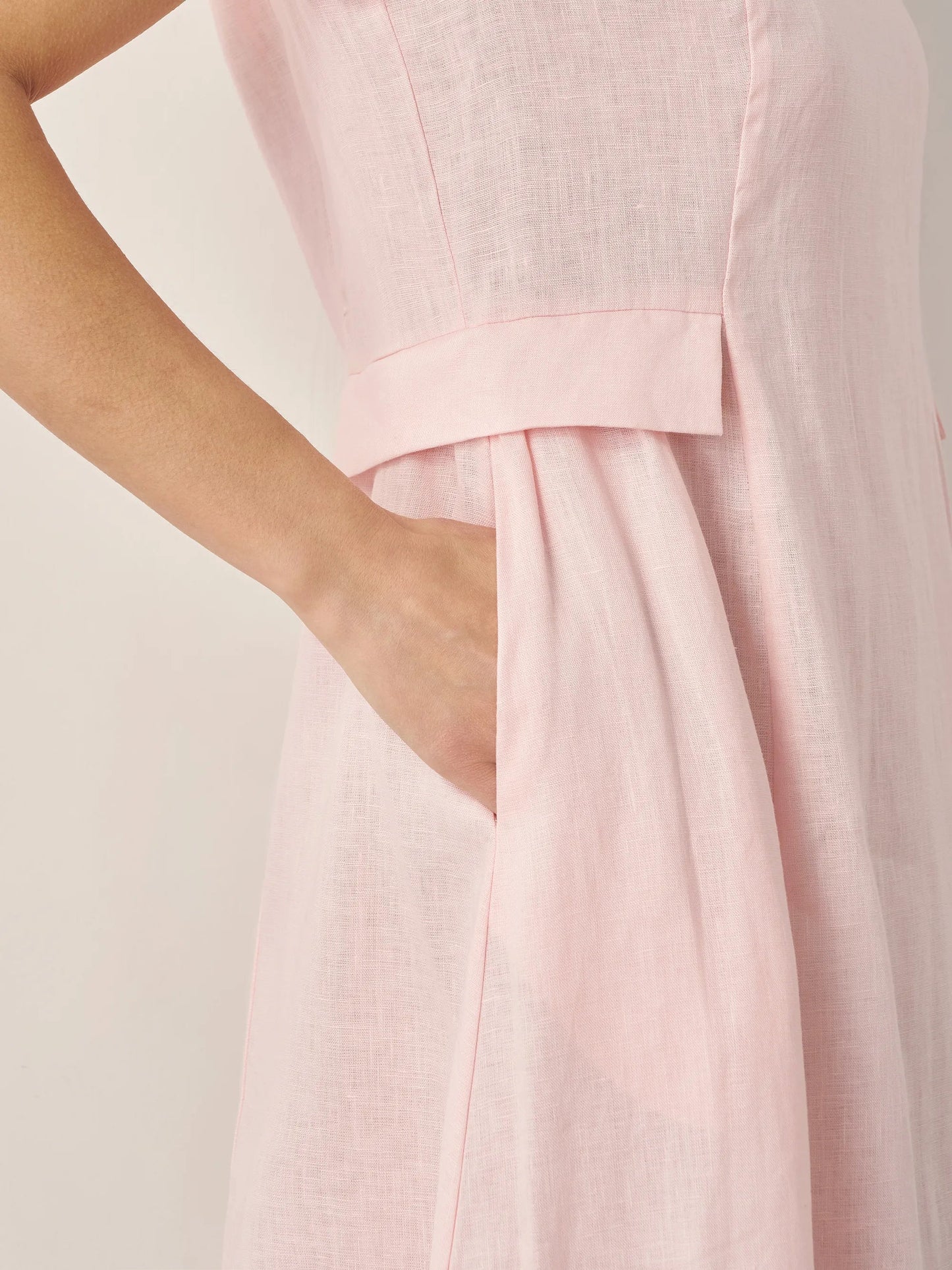 Vestido midi de lino con cuello en V y manga corta para mujer-Midi Dress-Casaluzia