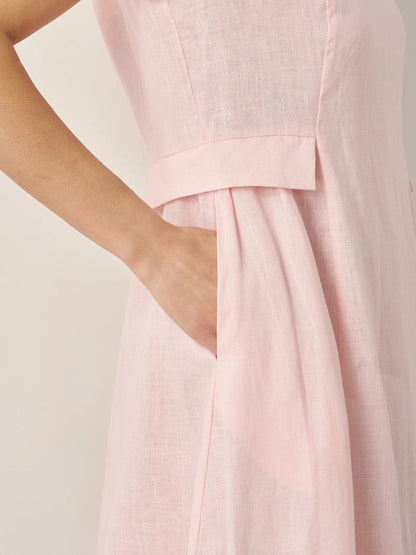 Vestido midi de lino con cuello en V y manga corta para mujer-Midi Dress-Casaluzia