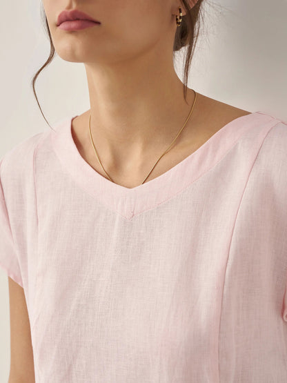 Vestido midi de lino con cuello en V y manga corta para mujer-Midi Dress-Casaluzia