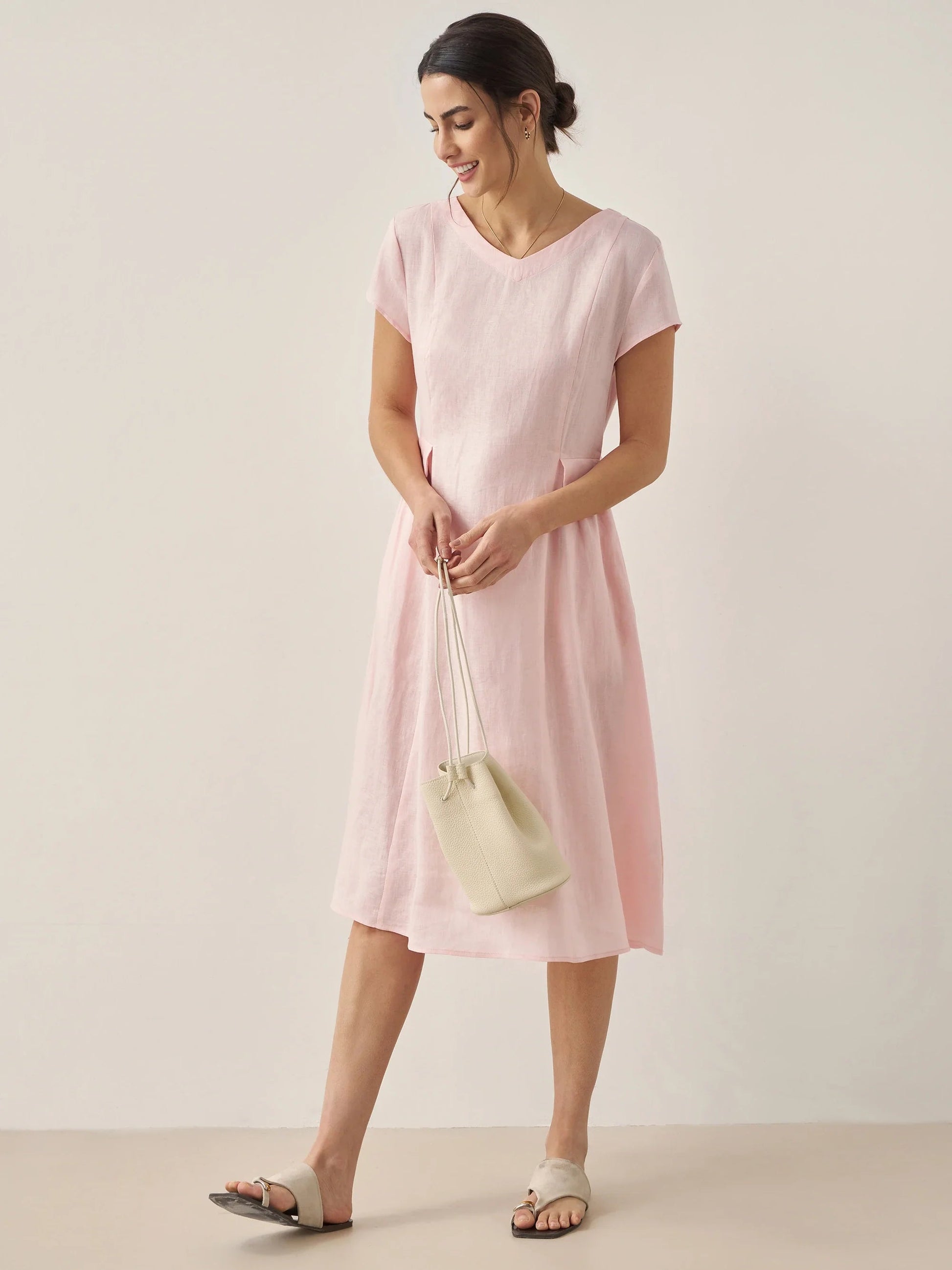 Vestido midi de lino con cuello en V y manga corta para mujer-Midi Dress-Casaluzia