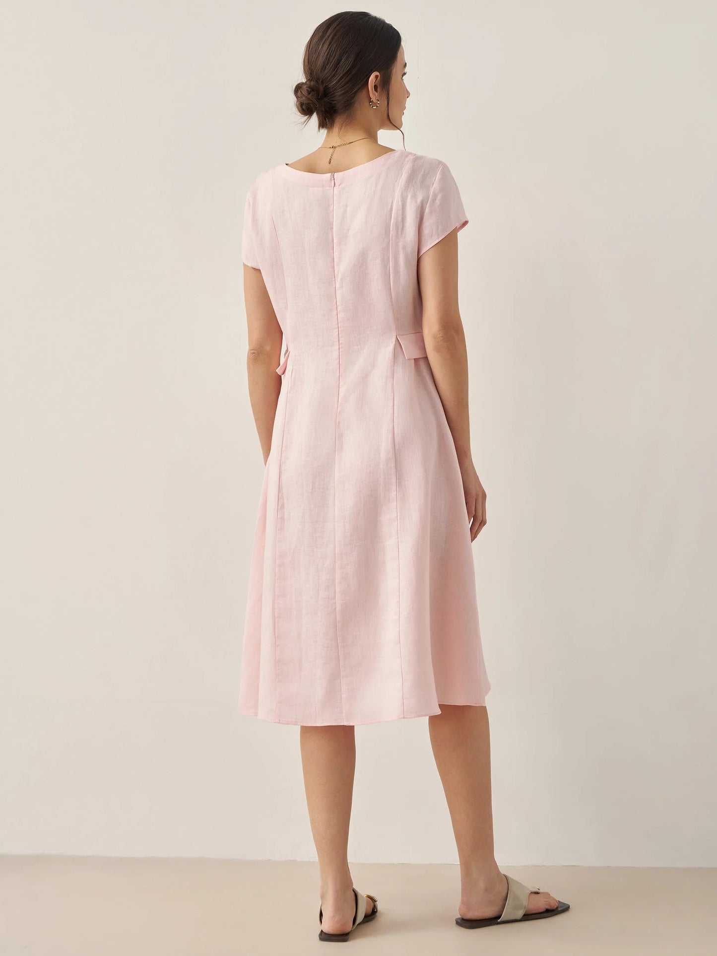 Vestido midi de lino con cuello en V y manga corta para mujer-Midi Dress-Casaluzia