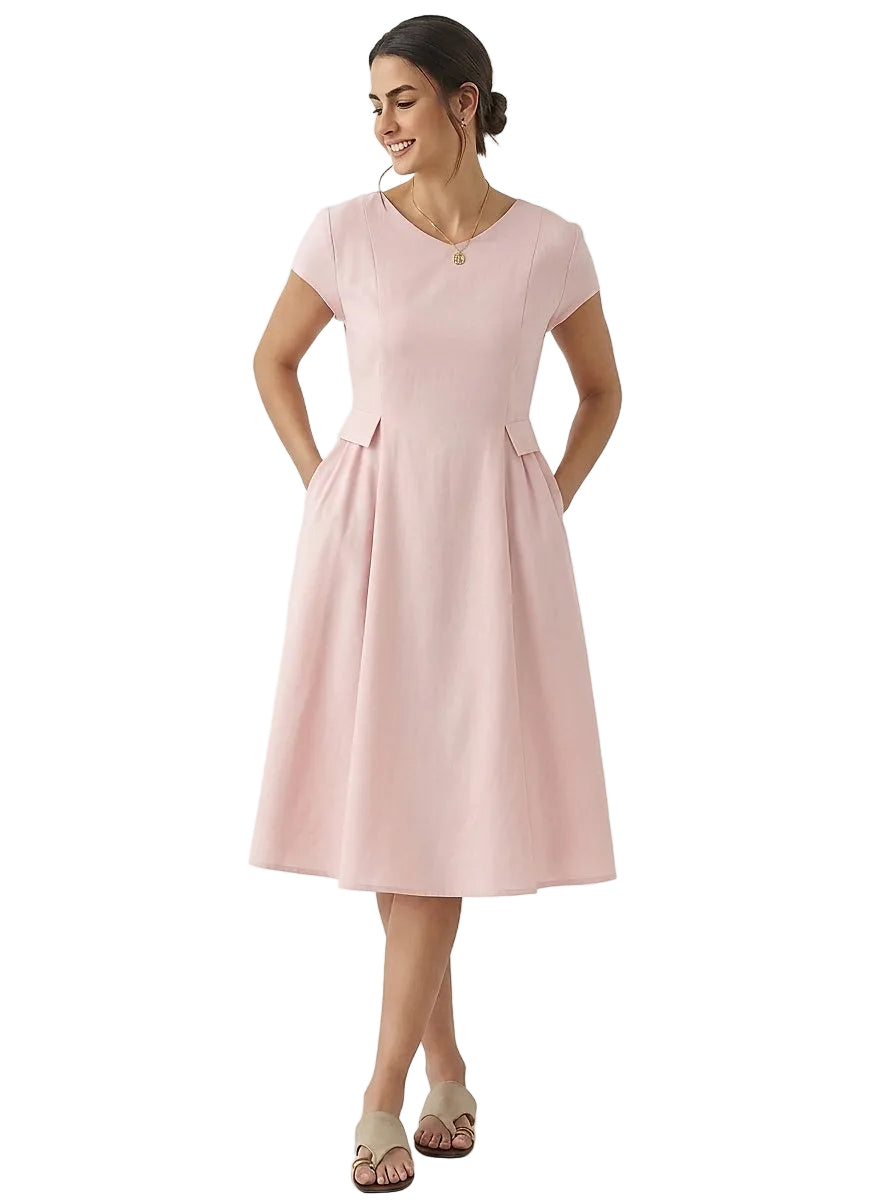Vestido midi de lino con cuello en V y manga corta para mujer-Midi Dress-Casaluzia