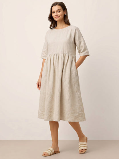 Vestido midi de lino de manga corta para mujer-Midi Dress-Casaluzia
