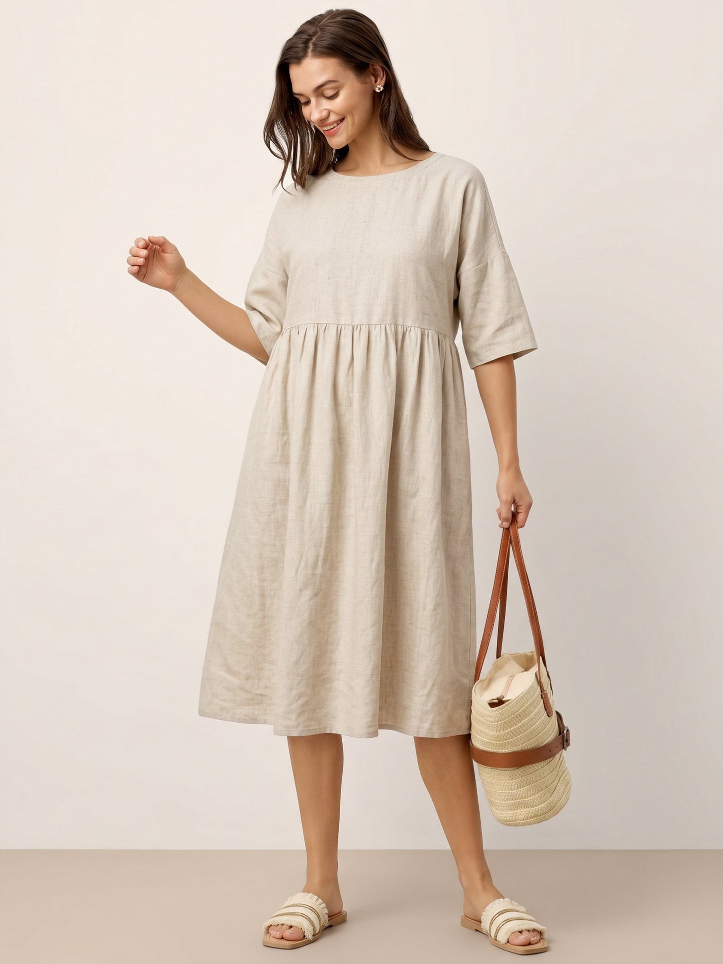 Vestido midi de lino de manga corta para mujer-Midi Dress-Casaluzia