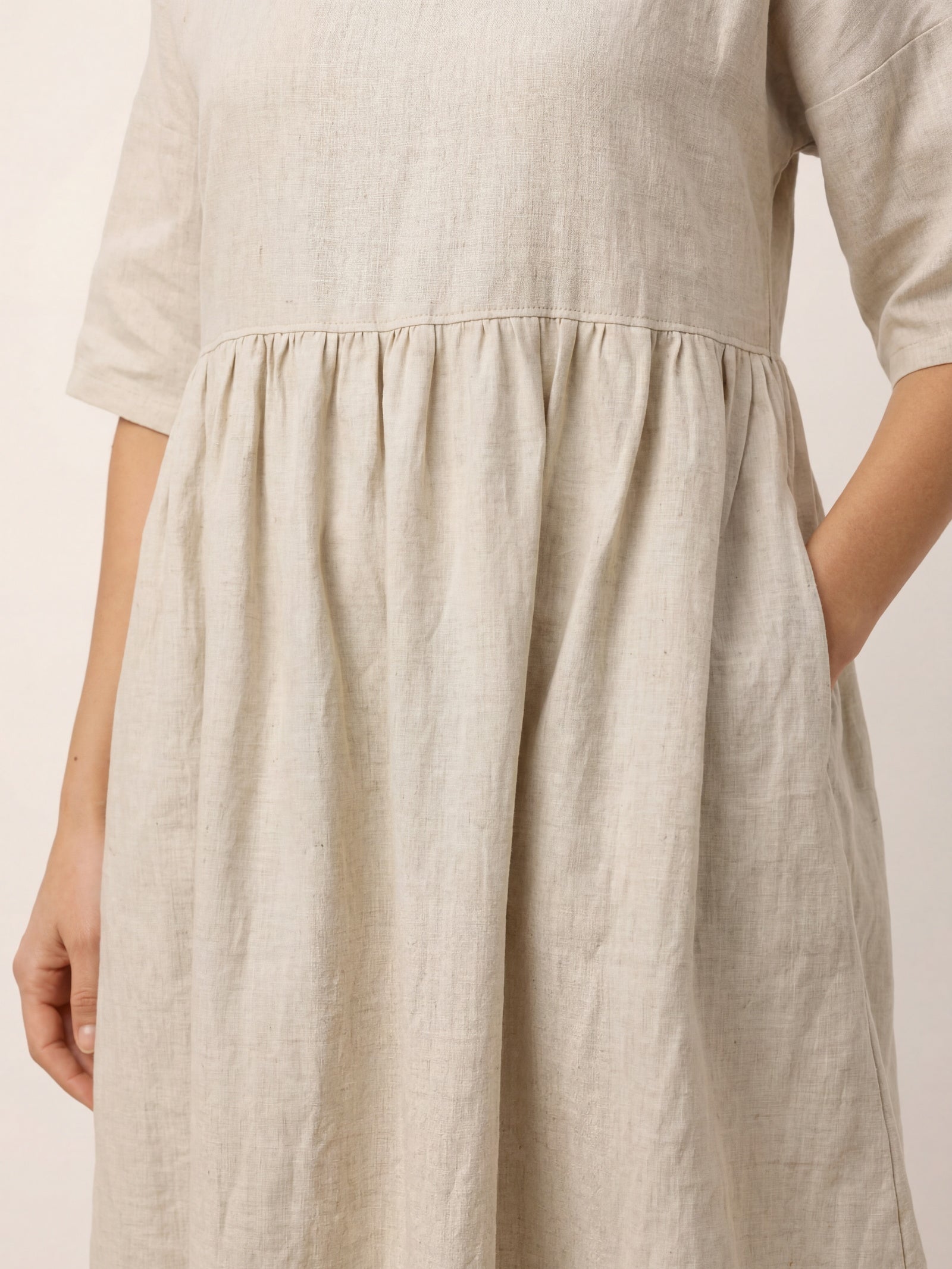 Vestido midi de lino de manga corta para mujer-Midi Dress-Casaluzia