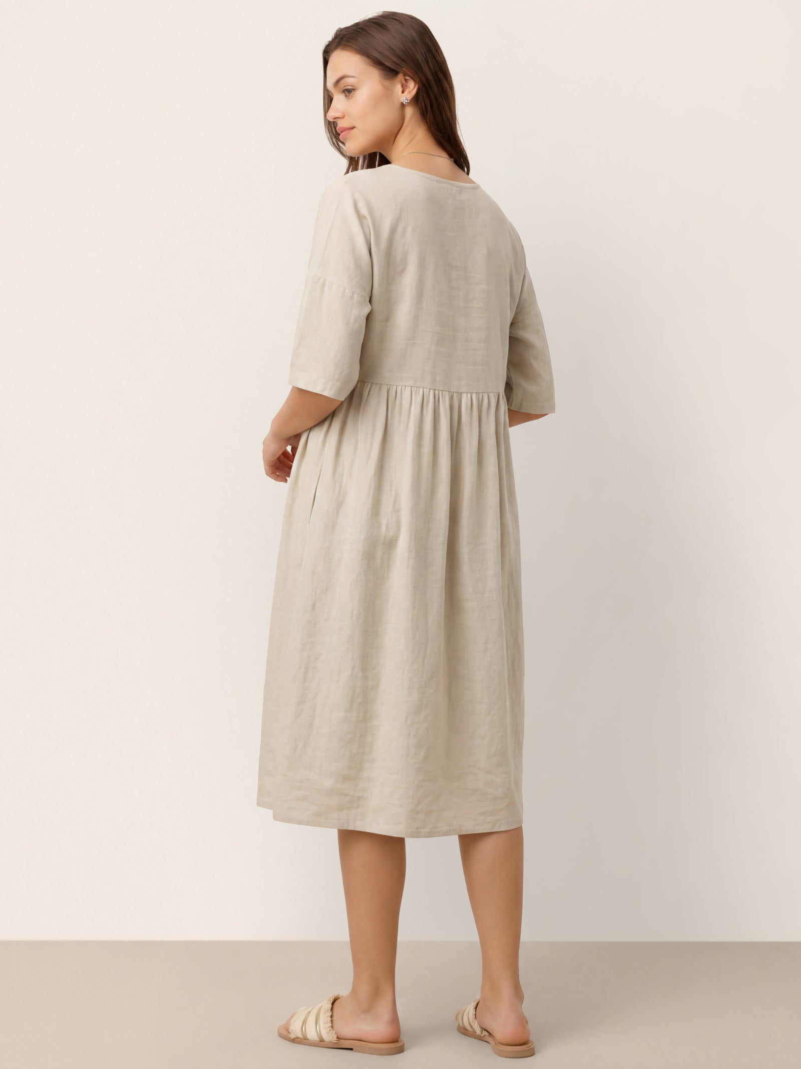 Vestido midi de lino de manga corta para mujer-Midi Dress-Casaluzia