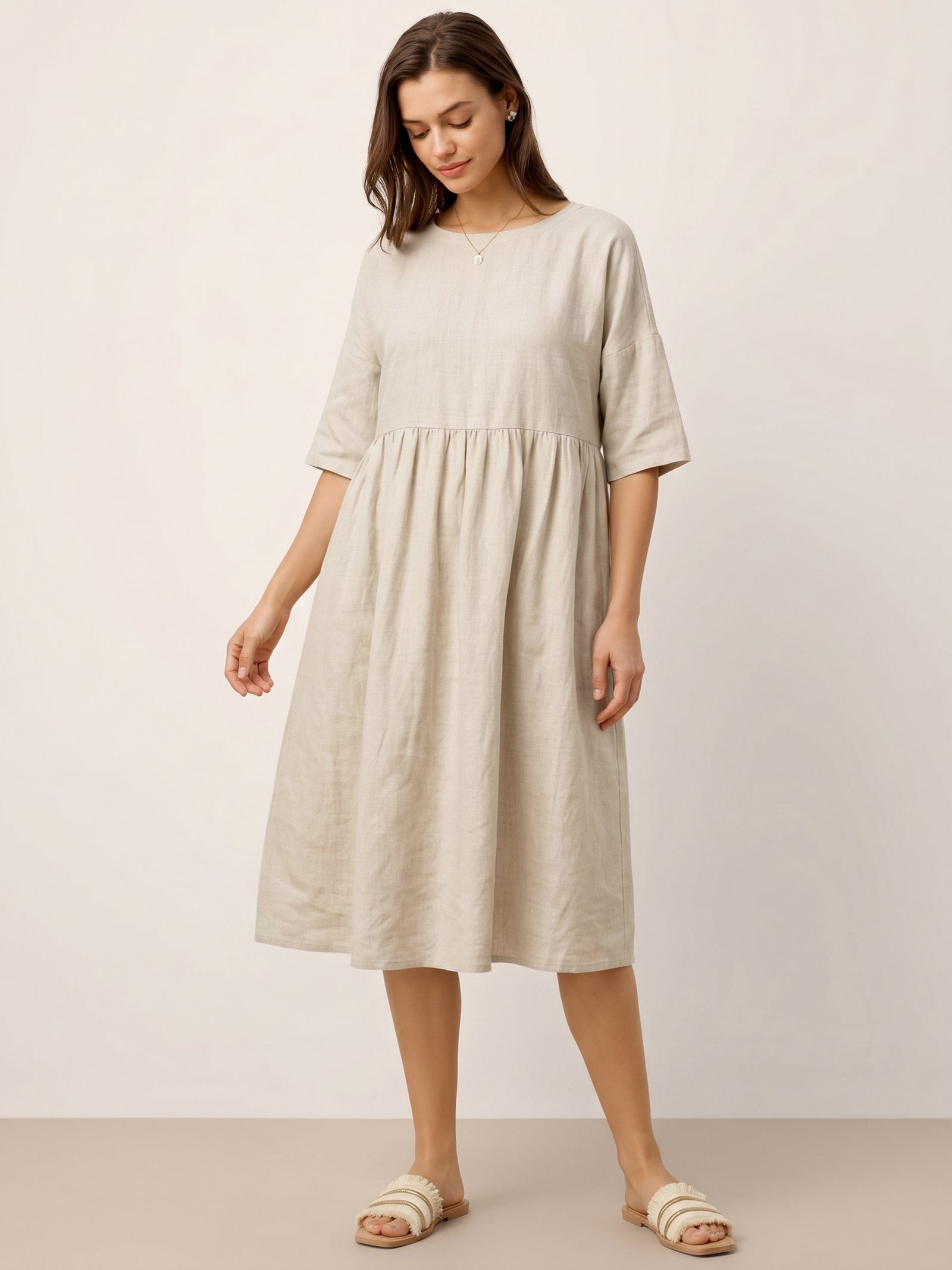 Vestido midi de lino de manga corta para mujer-Midi Dress-Casaluzia