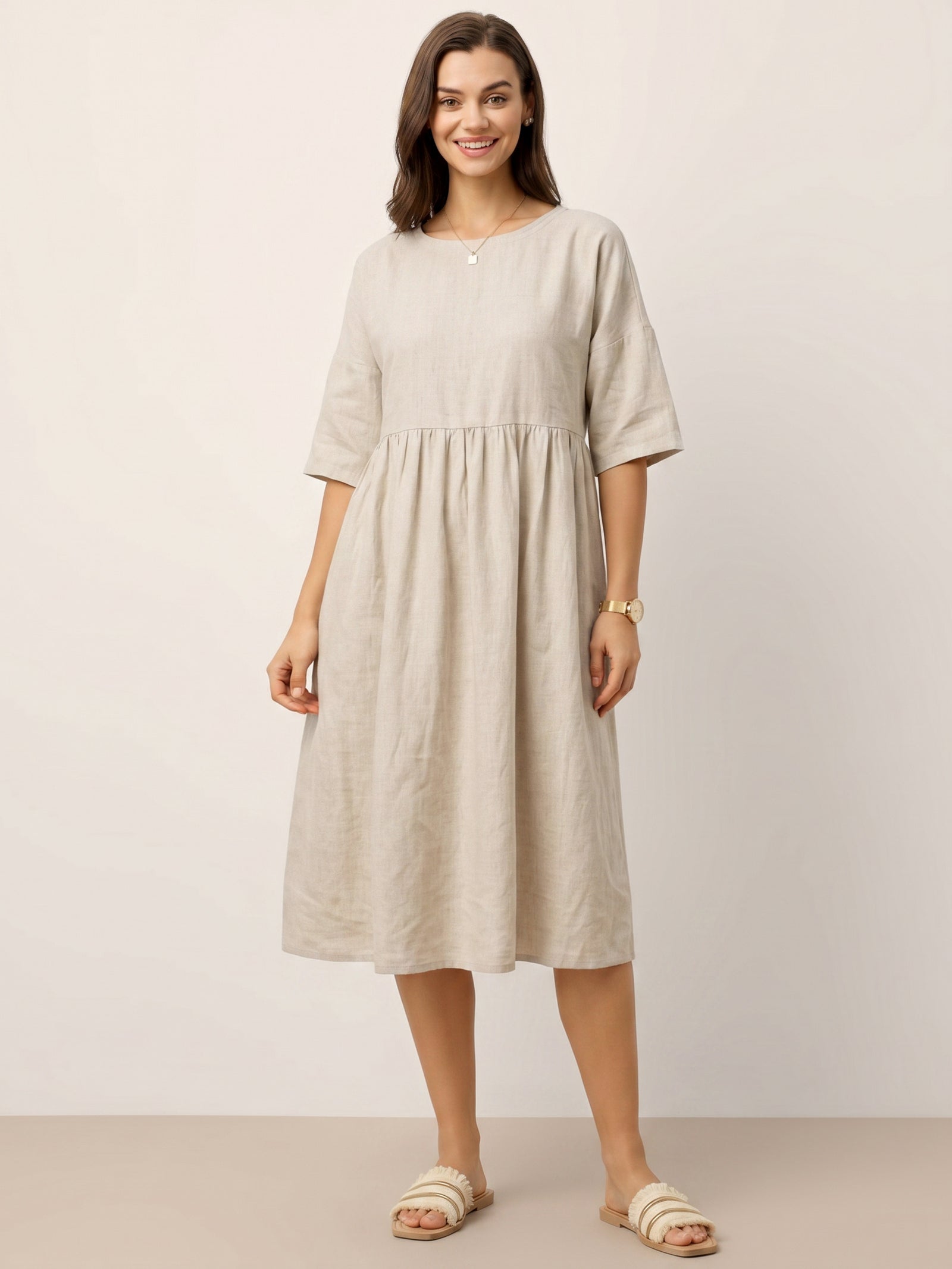 Vestido midi de lino de manga corta para mujer-Midi Dress-Casaluzia