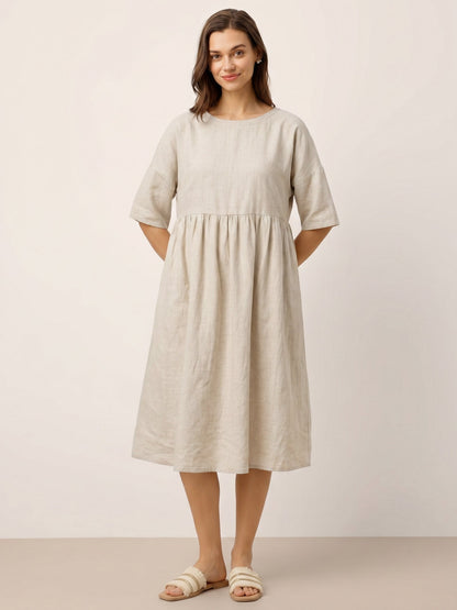 Vestido midi de lino de manga corta para mujer-Midi Dress-Casaluzia