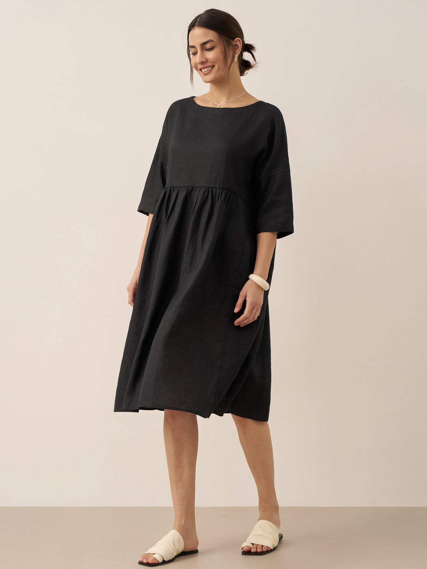 Vestido midi de lino de manga corta para mujer-Midi Dress-Casaluzia