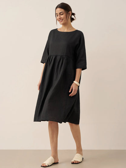 Vestido midi de lino de manga corta para mujer-Midi Dress-Casaluzia