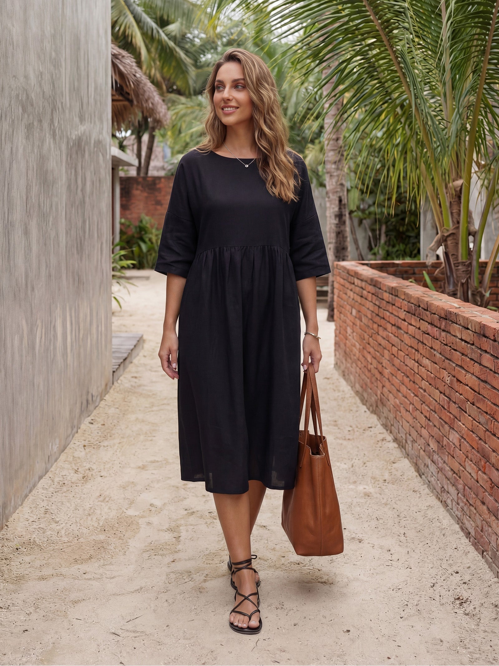 Vestido midi de lino de manga corta para mujer-Midi Dress-Casaluzia