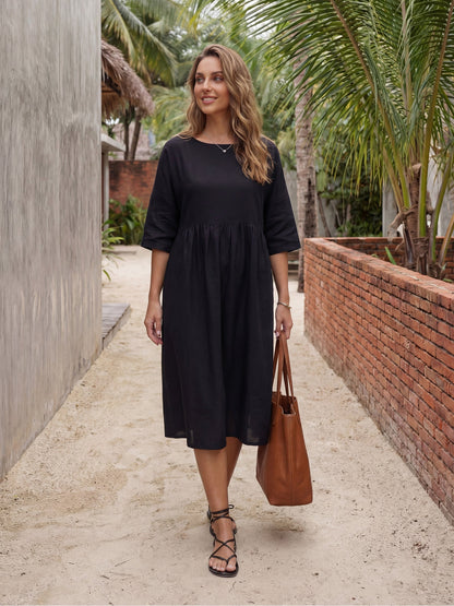 Vestido midi de lino de manga corta para mujer-Midi Dress-Casaluzia