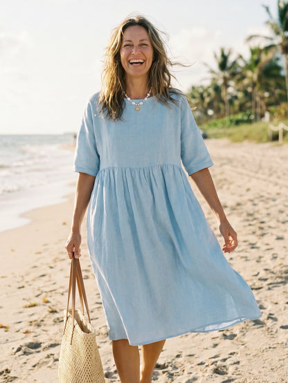 Vestido midi de lino de manga corta para mujer-Midi Dress-Casaluzia