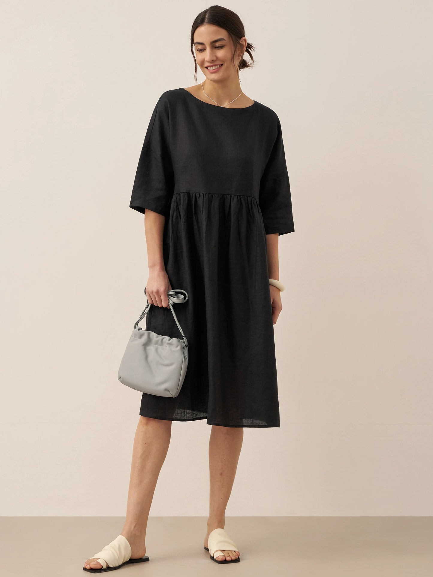 Vestido midi de lino de manga corta para mujer-Midi Dress-Casaluzia