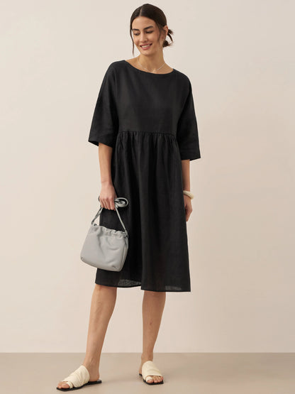 Vestido midi de lino de manga corta para mujer-Midi Dress-Casaluzia